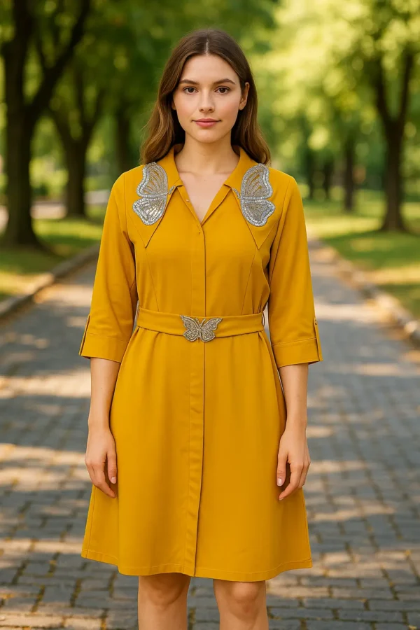 Mustard Yellow Fit & Flare Dress with Butterfly Embellishments