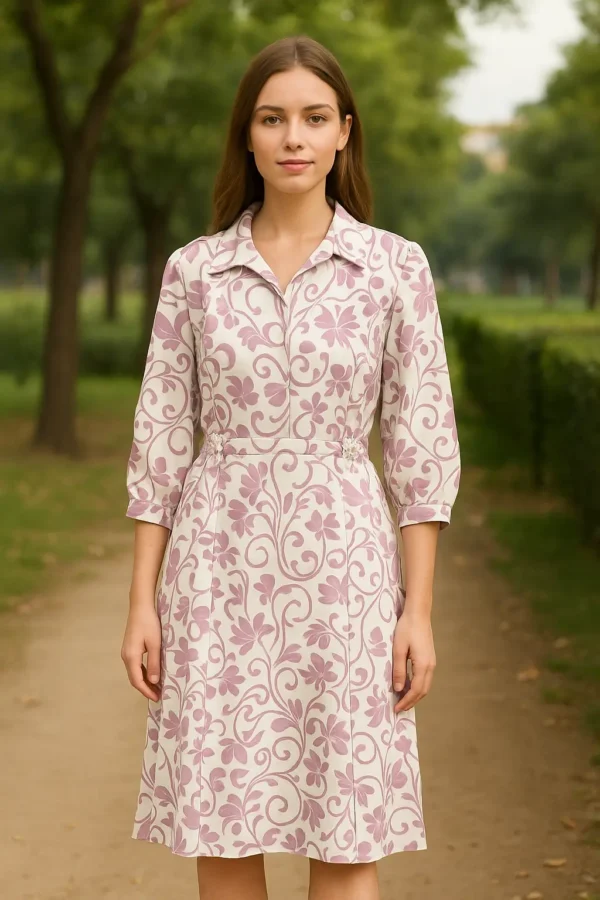 Ivory & Mauve Printed Fit and Flare Dress with Side Embellishments