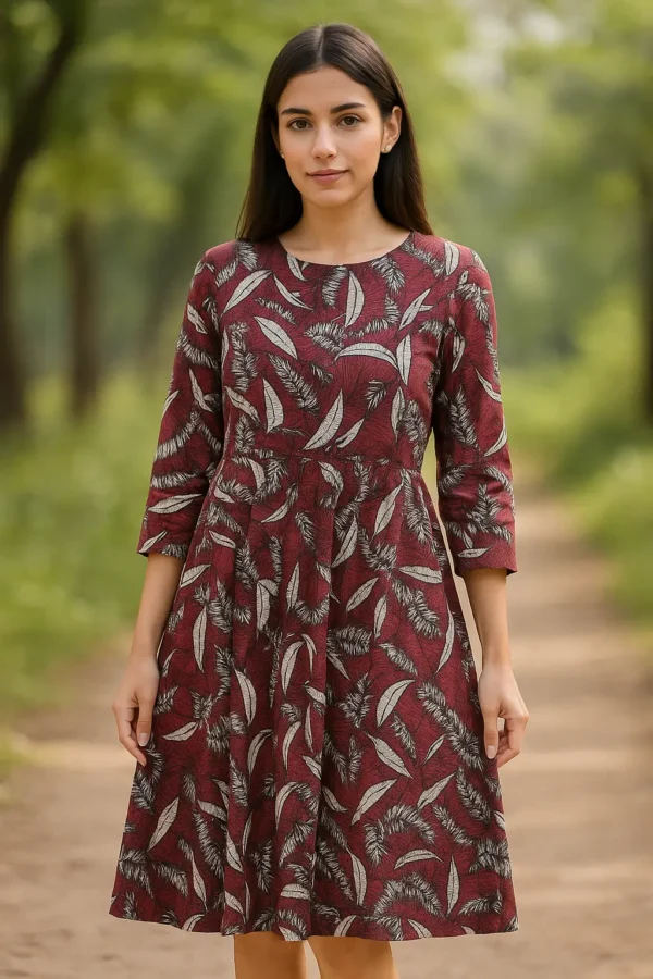 Maroon Feather Print Fit & Flare Midi Dress