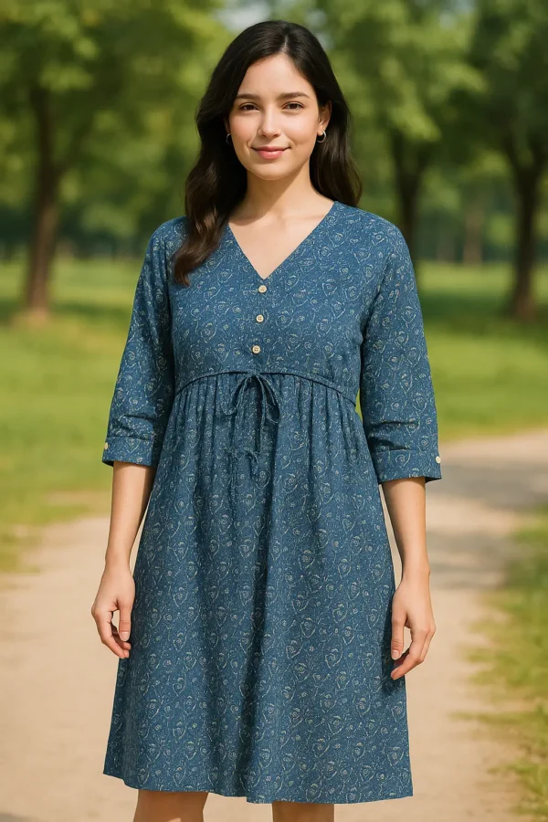Blue Printed V-Neck Midi Dress with Waist Tie