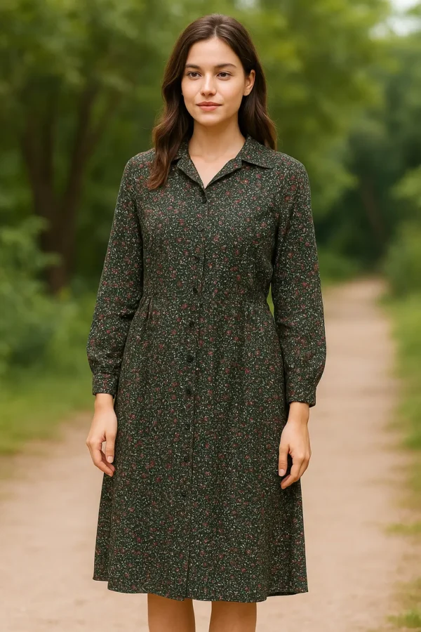 Dark Green Floral Midi Dress with Full Sleeves