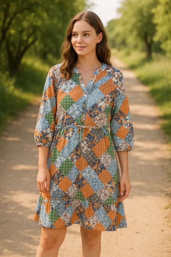 Multicolor Patchwork Print Short Dress with Tie-Waist