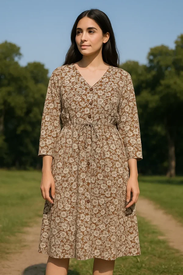 Brown Floral A-Line Dress with Button Front and Drawstring Waist