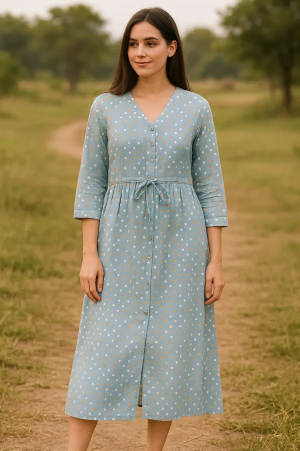 Light Blue Polka Dot Midi Dress with Drawstring Waist and Button Front