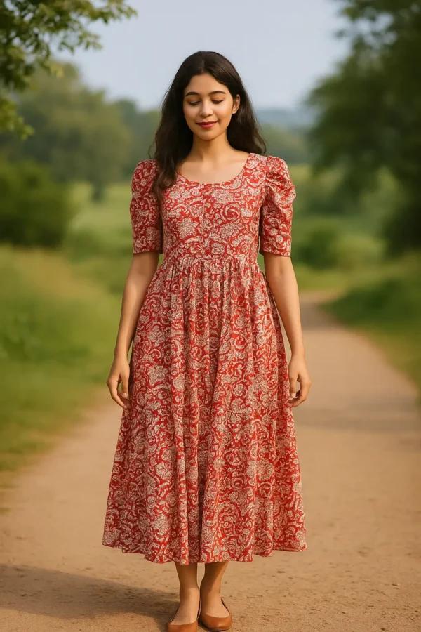 Rust Red Handblock Printed Cotton Fit & Flare Dress
