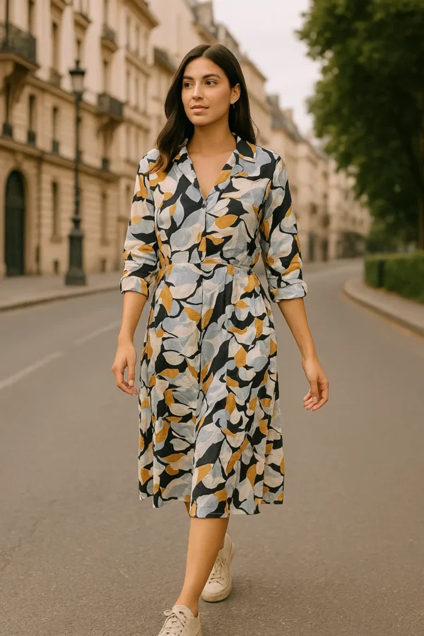Multicolor Abstract Print Shirt Dress with Rolled-Up Sleeves