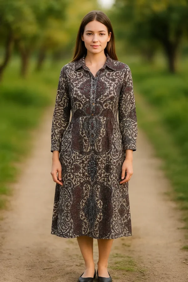 Vintage Brown Paisley Print Shirt Dress