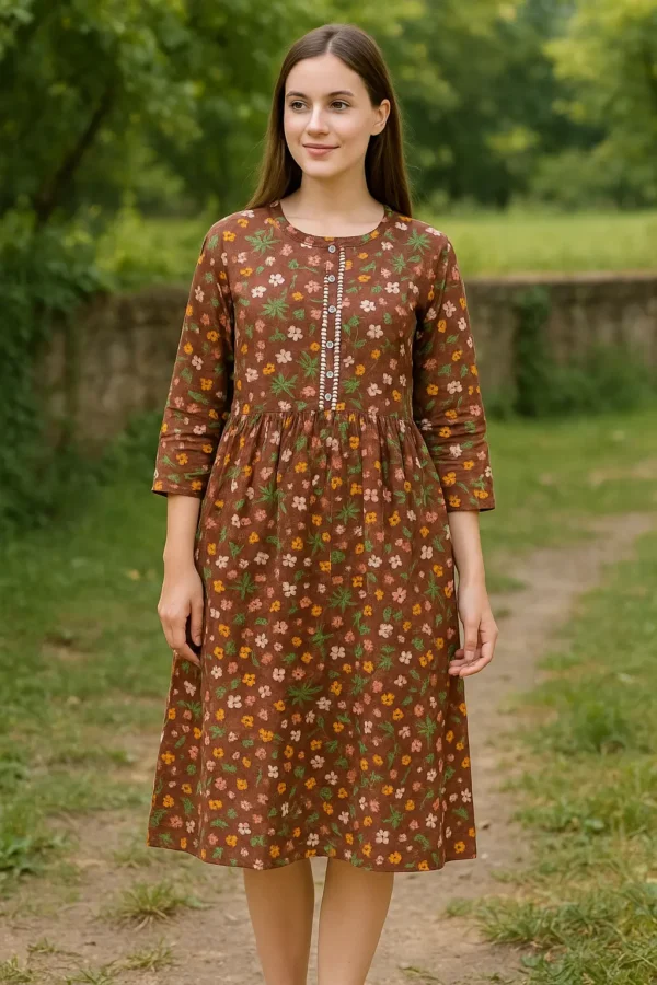 Brown Floral Printed Fit & Flare Dress with Shell Detail