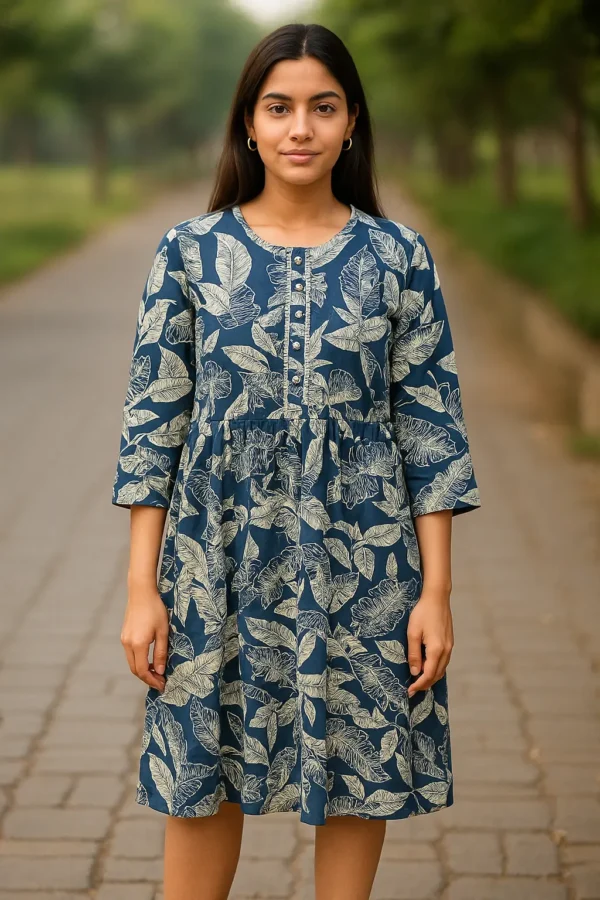 Navy Blue Leaf Print Fit & Flare Cotton Dress