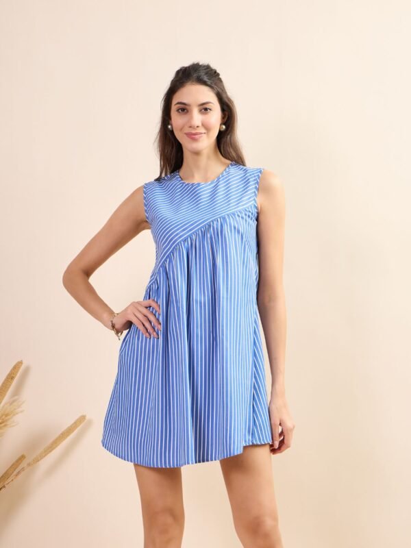 Blue Striped Sleeveless Flared Mini Dress