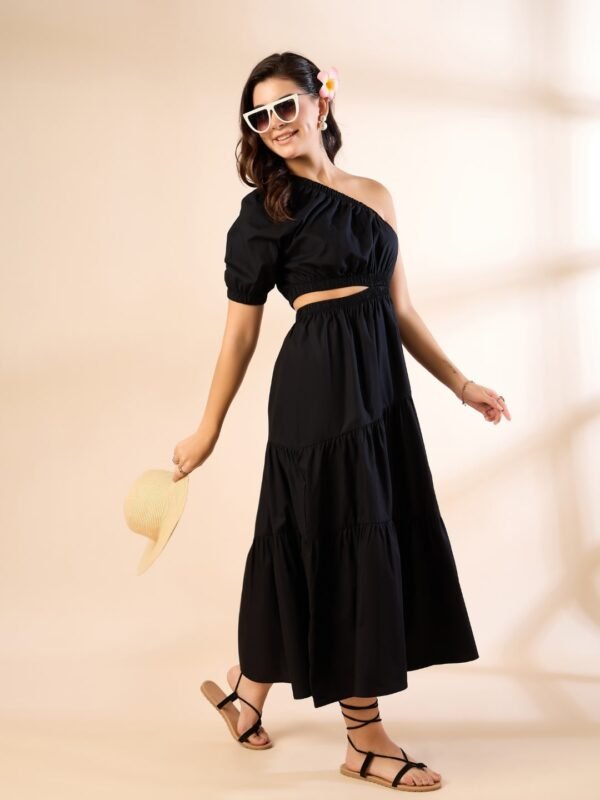 Black One-Shoulder Tiered Midi Dress