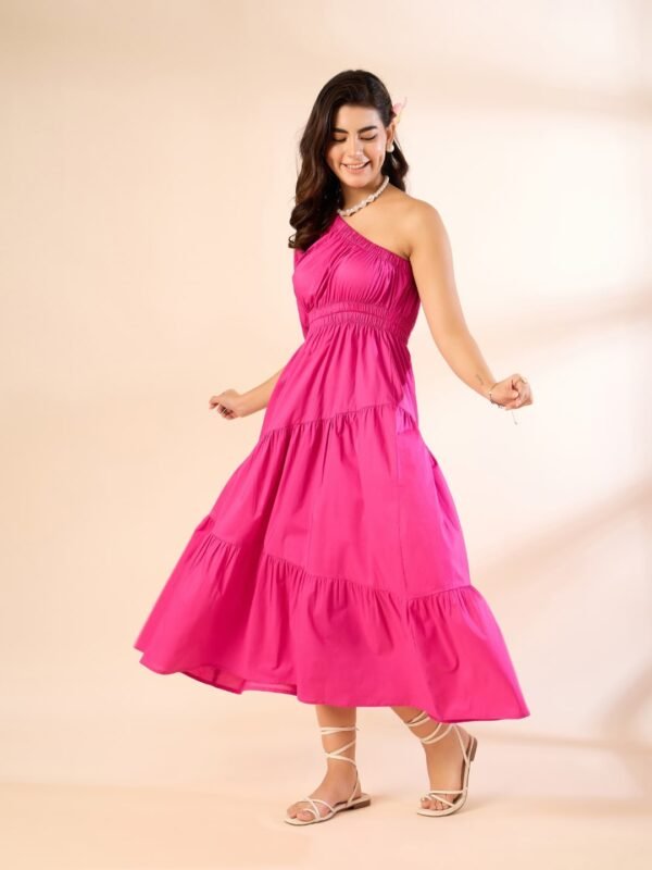 Hot Pink One-Shoulder Gathered Tier Midi Dress