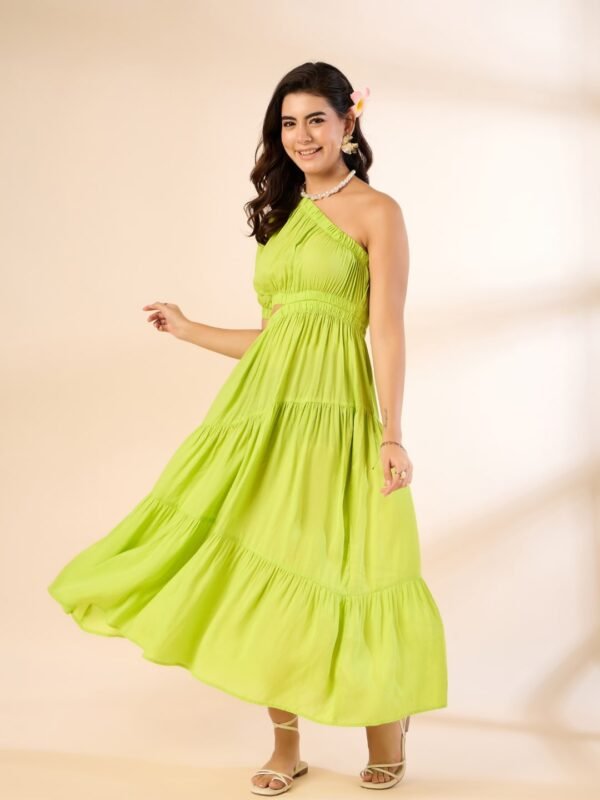 Lime Green One-Shoulder Tiered Midi Dress