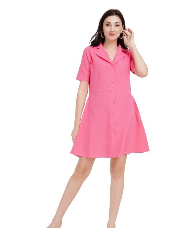 Pink Shirt Style Flared Mini Dress