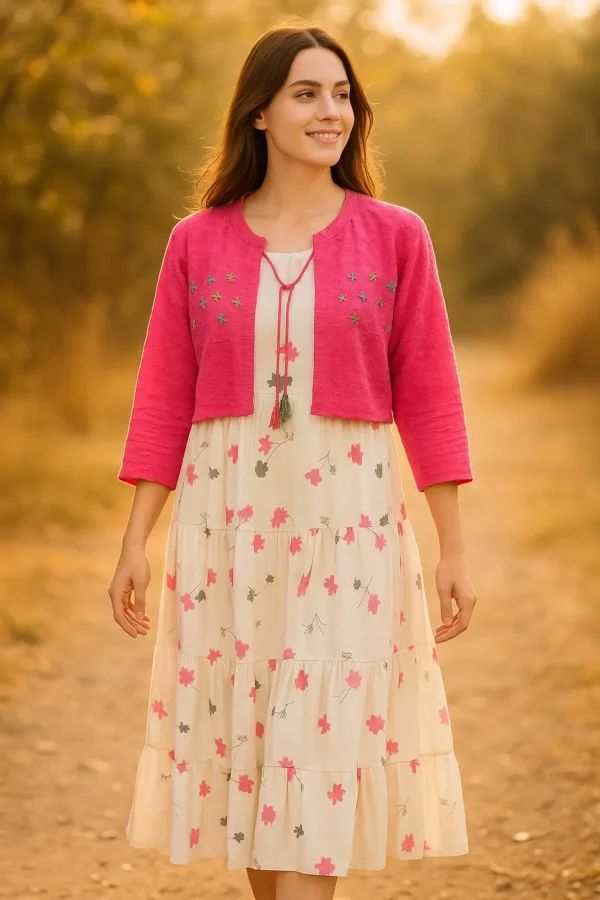 Floral Tiered Midi Dress with Embroidered Pink Shrug