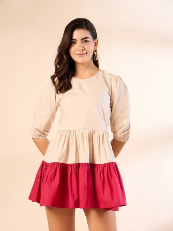 Beige & Red Colorblock Tiered Mini Dress