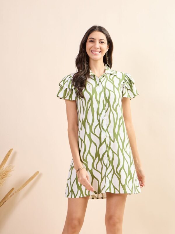 Olive Green & White Abstract Print Shirt Dress