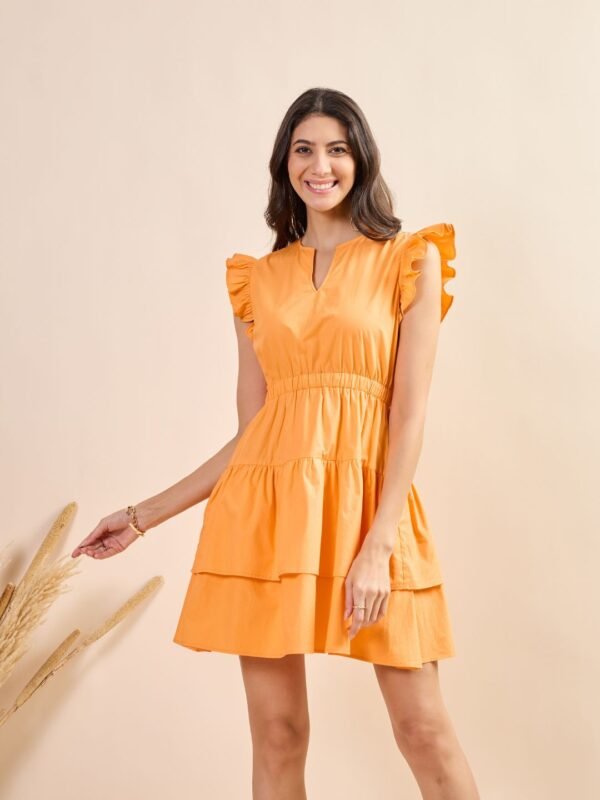 Mustard Tiered Mini Dress with Ruffle Sleeves