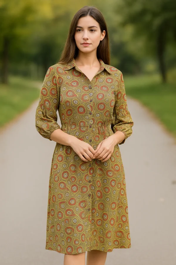 Olive Green Printed Shirt Dress with Gathered Waist