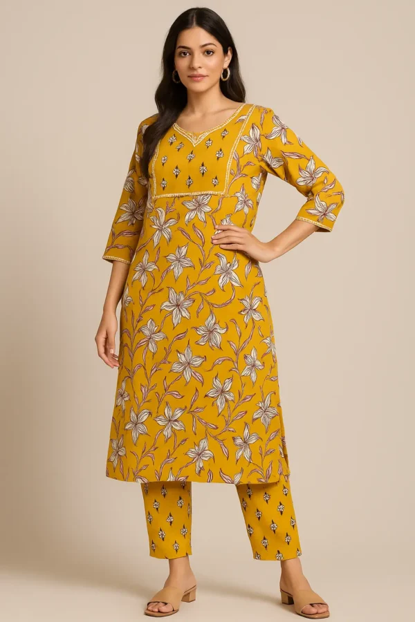 Mustard Yellow Floral Kurta with Printed Pants