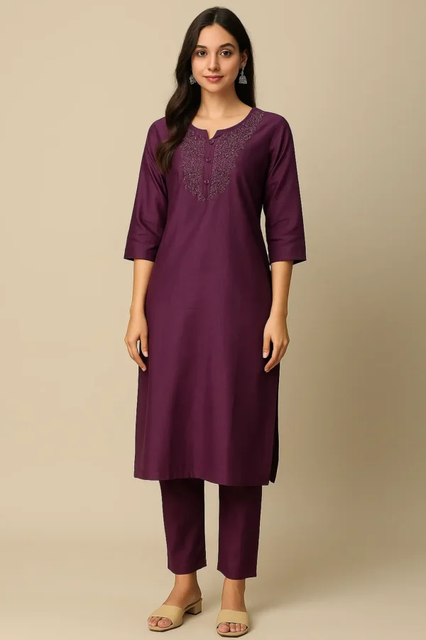 Wine Solid Embroidered Co-ord Set