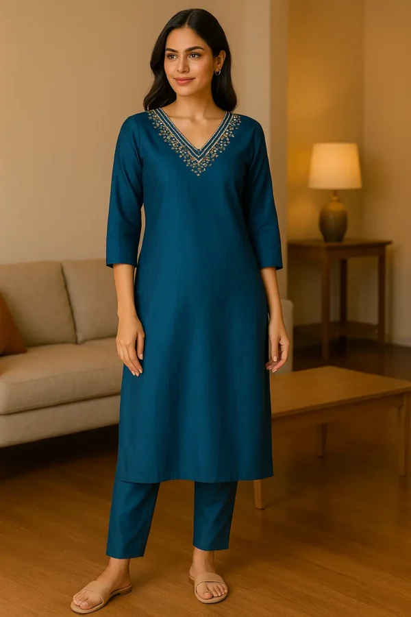 Teal Solid Embroidered Co-ord Set