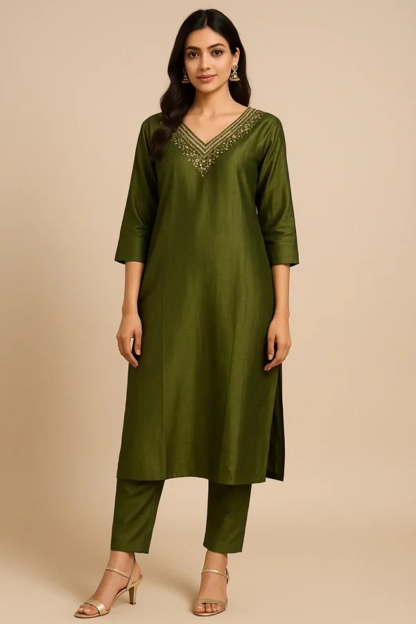 Olive Green Solid Embroidered Co-ord Set