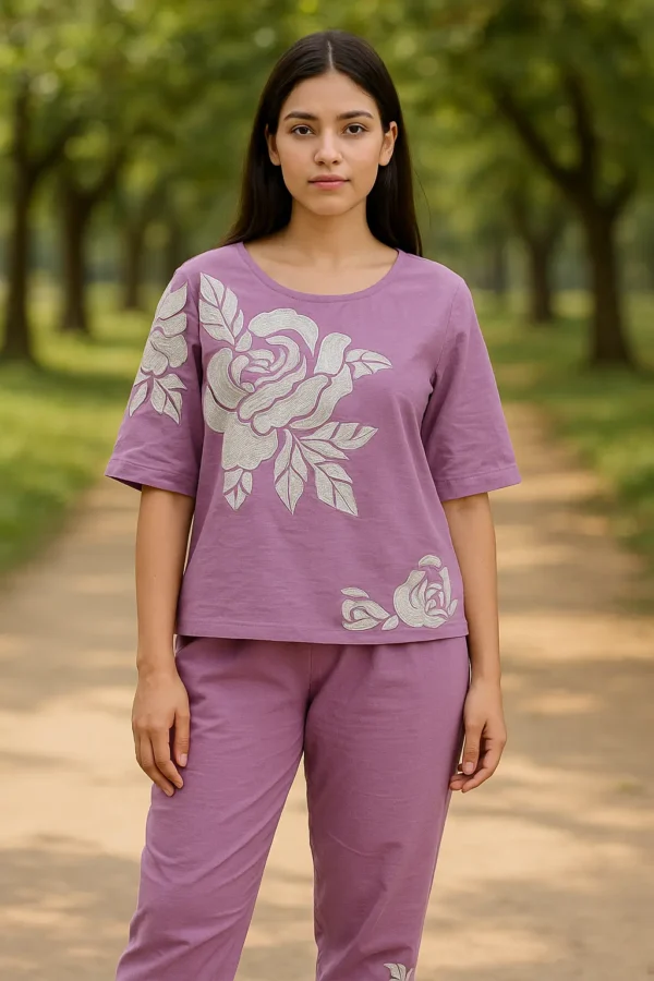 Lilac Floral Embroidered Cotton Co-Ord Set