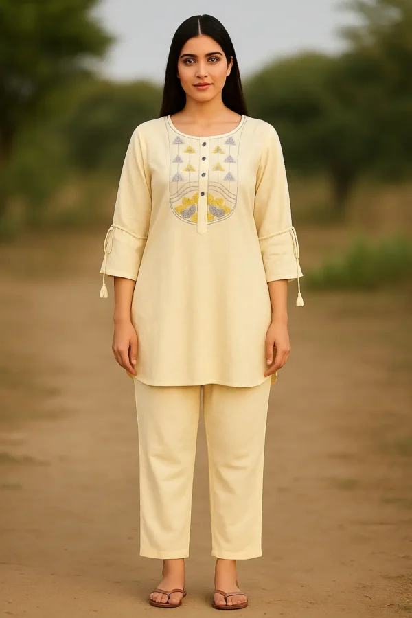 Soft Yellow Embroidered Cotton Coord Set