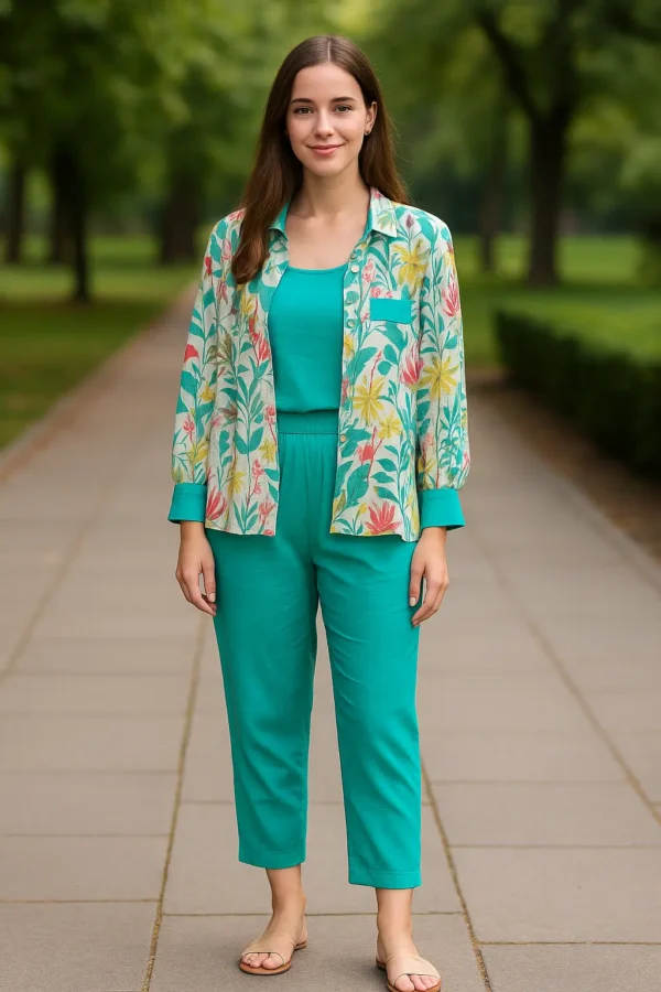 Teal Green Floral Printed Layered Co-Ord Set