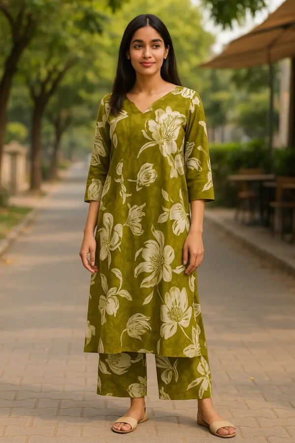 Olive Green Floral Printed Co-ord Set