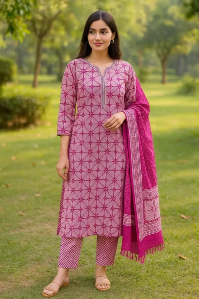 KPD-53-1 Magenta Pink Geometric Printed Cotton Kurta Set