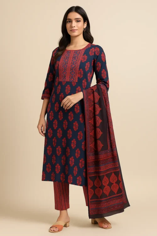 KPD-57-1 Navy Blue & Maroon Ajrakh-Inspired Kurta Set