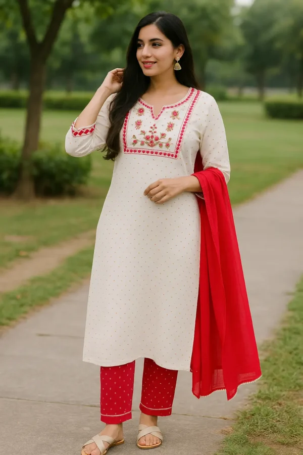 Off-White Embroidered Kurta Set with Red Pants & Dupatta