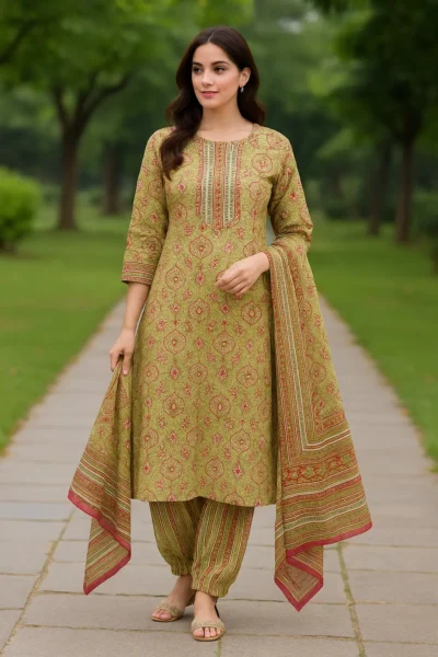 KPD-59-1 Olive Green Traditional Motif Kurta Set