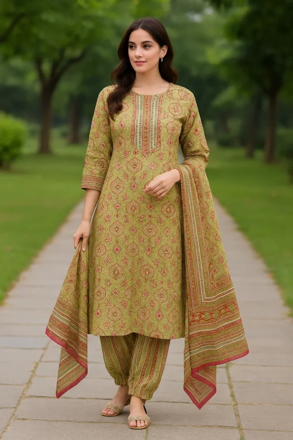 Green Mughal Print Kurta Set with Afghani Pants & Dupatta