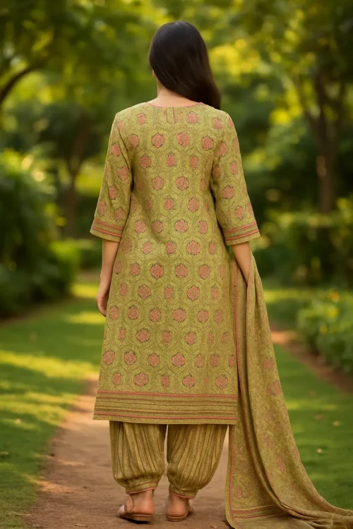 KPD-59-2 Olive Green Traditional Motif Kurta Set