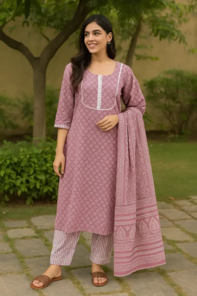 KPD-61-1 Dusty Mauve Printed Kurta Set with Striped Pants & Dupatta