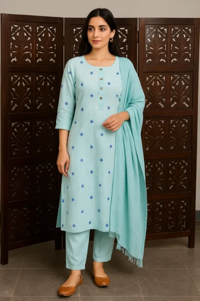 KPD-63-1 Sky Blue Embroidered Kurta Set with Solid Pants & Dupatta
