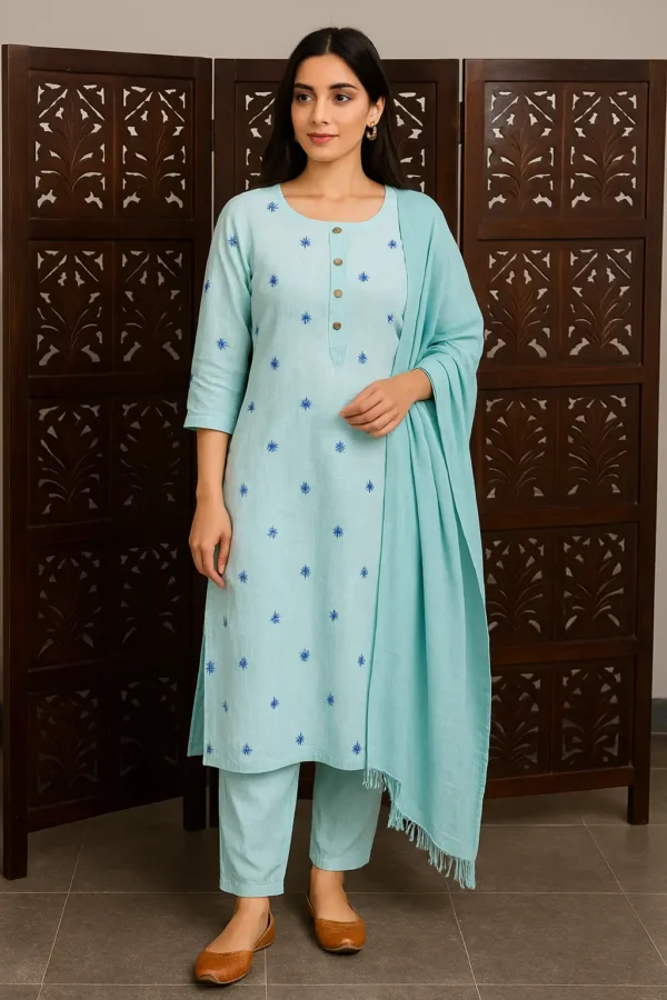 Pastel Blue Embroidered Cotton Kurta Set with Solid Pants & Dupatta