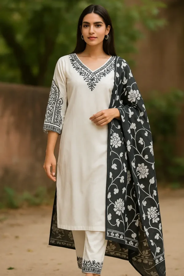 Ivory & Black Embroidered Kurta Set with Dupatta