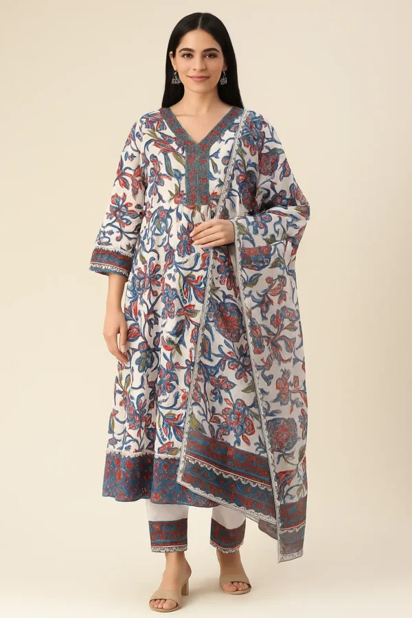 White Multicolor Ethnic Printed Kurta Set with Dupatta