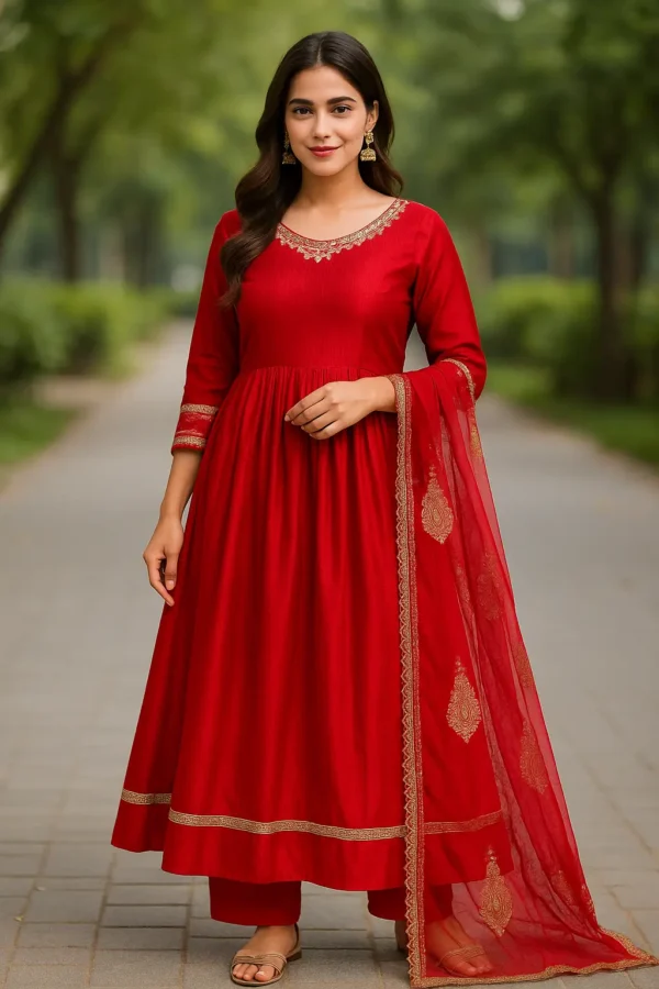Elegant Red Flared Kurta Set with Embroidered Dupatta