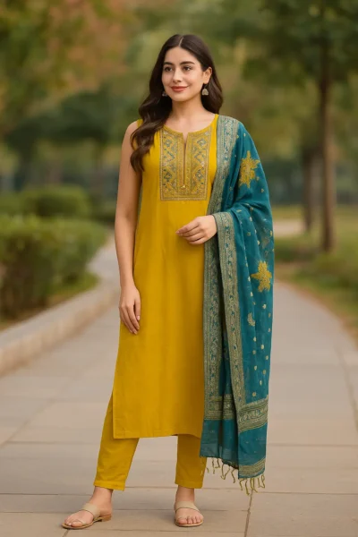 KPD-80-1 Mustard Yellow Straight Kurta Set with Teal Embroidered Dupatta