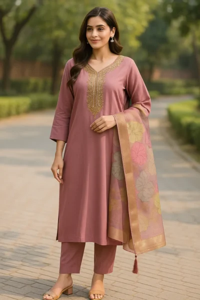 KPD-81-1 Dusty Mauve Embroidered Kurta Pant Dupatta Set