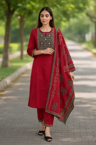 KPD-82-1 Maroon Mirror Work Cotton Kurta Set with Dupatta