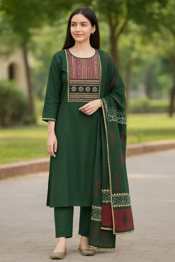 Bottle Green Embroidered Cotton Kurta Set with Dupatta