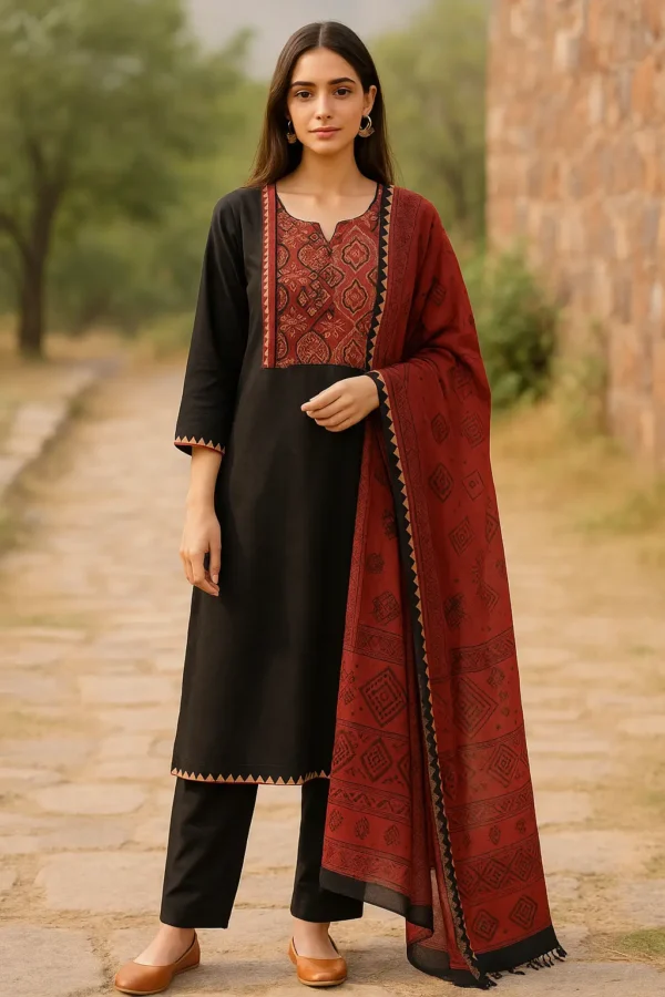 Black & Maroon Ethnic Print Cotton Kurta Set with Dupatta