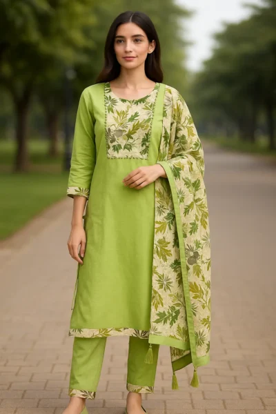 KPD-85-1 Light Green Floral Embroidered Cotton Kurta Set with Dupatta