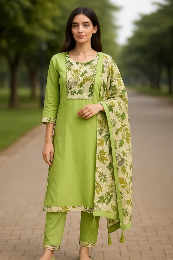 Light Green Floral Embroidered Cotton Kurta Set with Dupatta